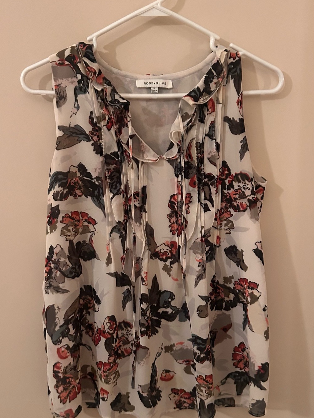 Rose & Olive Cream Floral Ruffle Tie Neck Sleeveless Top